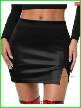 Faux Leather Mini Skirt High Waisted Bodycon Side Slit Women's
